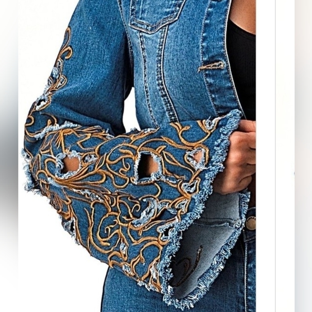 Cropped Embroidered Long Bell Sleeve Button Up Denim Jean Jacket - Picture 9 of 13